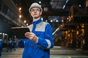 Engineer using a tablet in a factory, showing the benefits of digital twin technology for students entering industry
