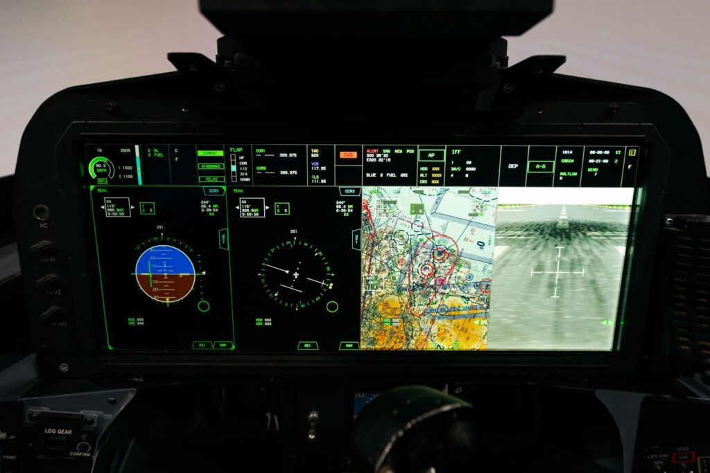 A flight simulator screen, one of the oldest immersive learning examples