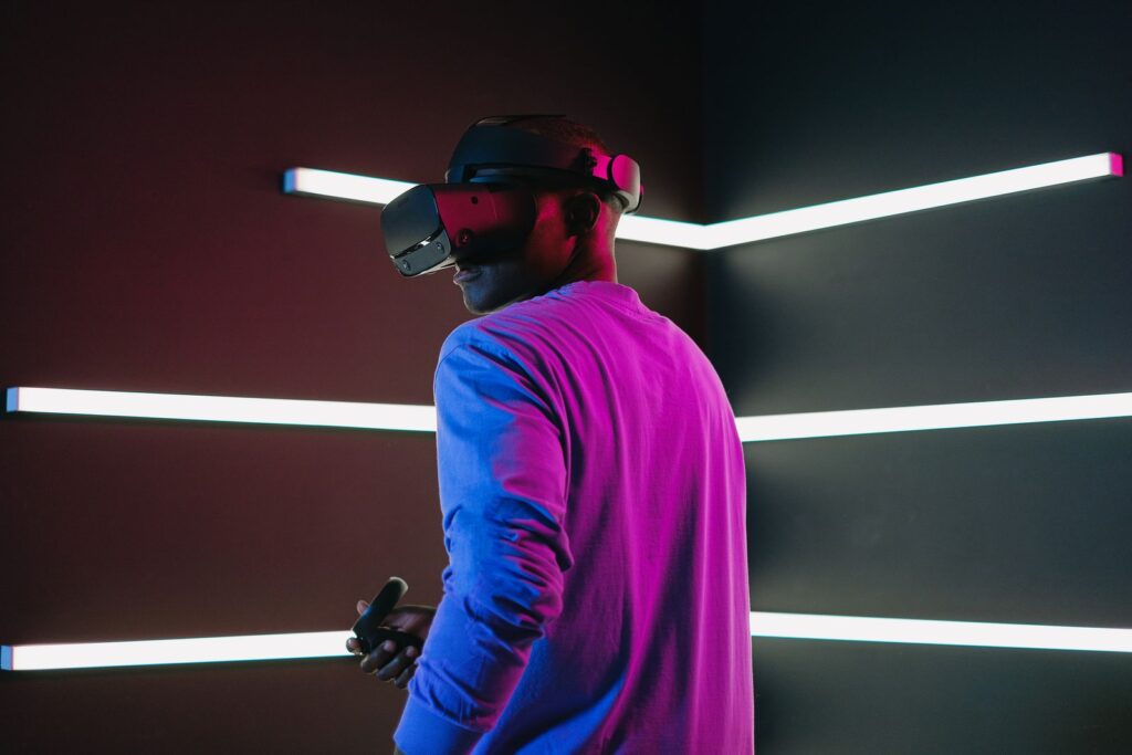 A learner wearing a virtual reality headset during an immersive training session
