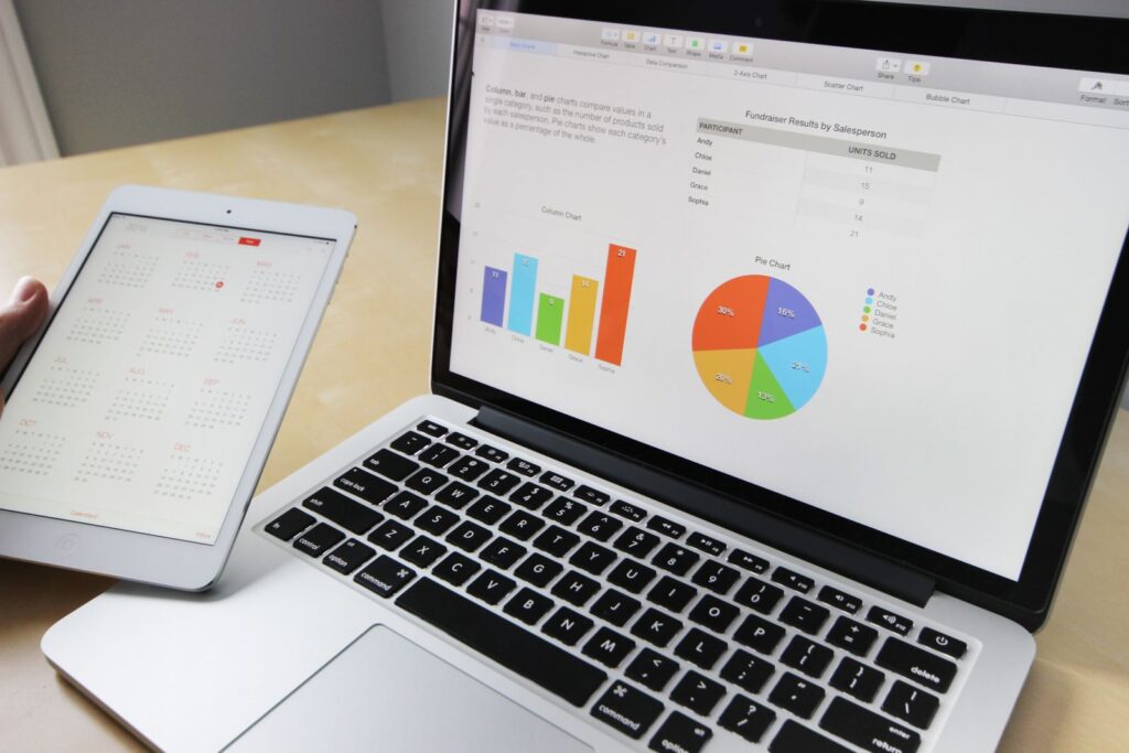 A laptop showing charts, used to track XR learning outcomes over a semester